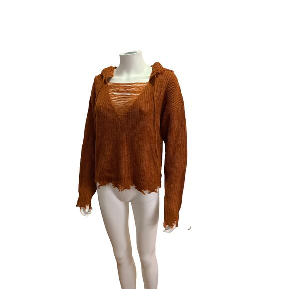 Trendy threads Orange / Mustard frayed hooded Knit sweater NWT - Picture 2 of 6